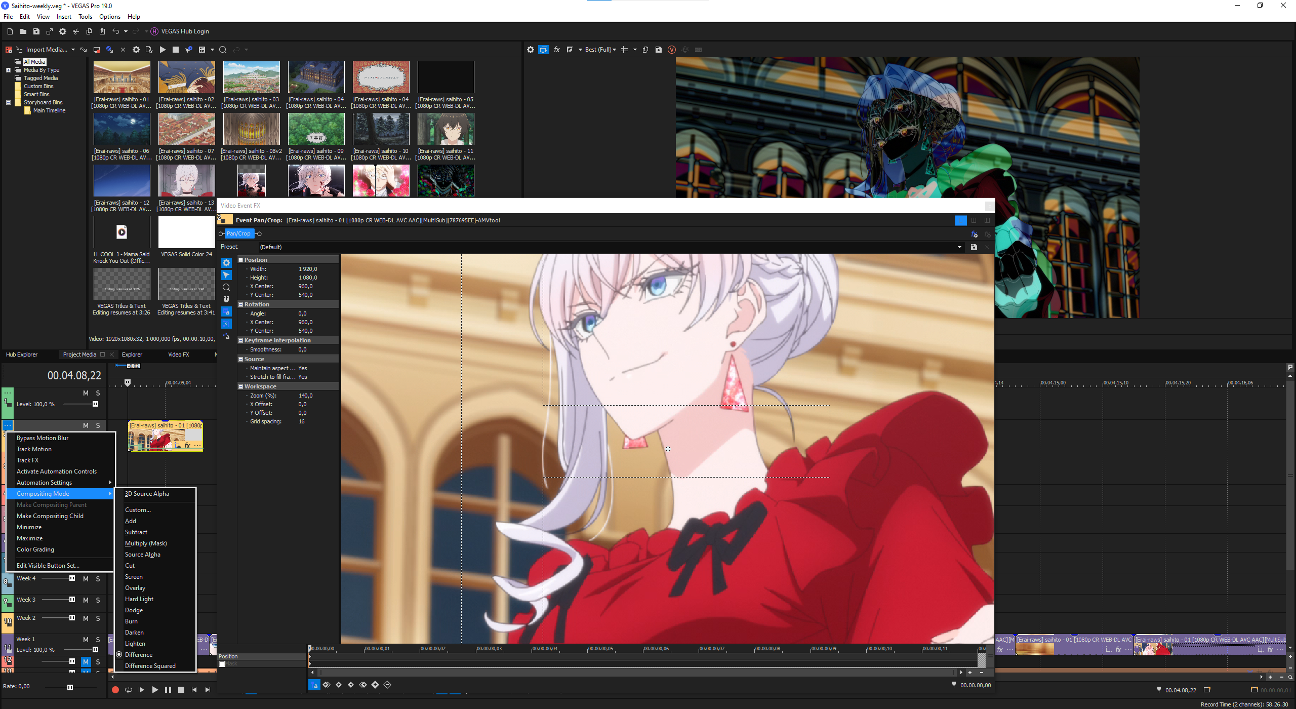 Vegas Pro window showing a track with Composition Mode selected as Difference, an open Pan/Crop window and a partly negated view of the scene in the preview viewer