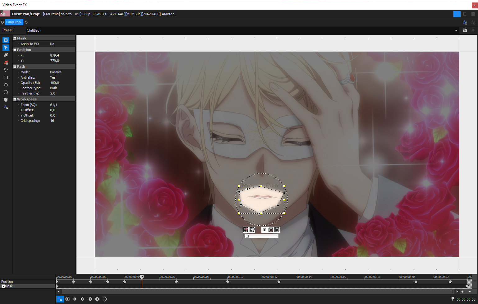 Vegas Pro Event Pan/Crop window with the prince's mouth masked with just a few points. Featehr type is Both and Feather % is 2,0