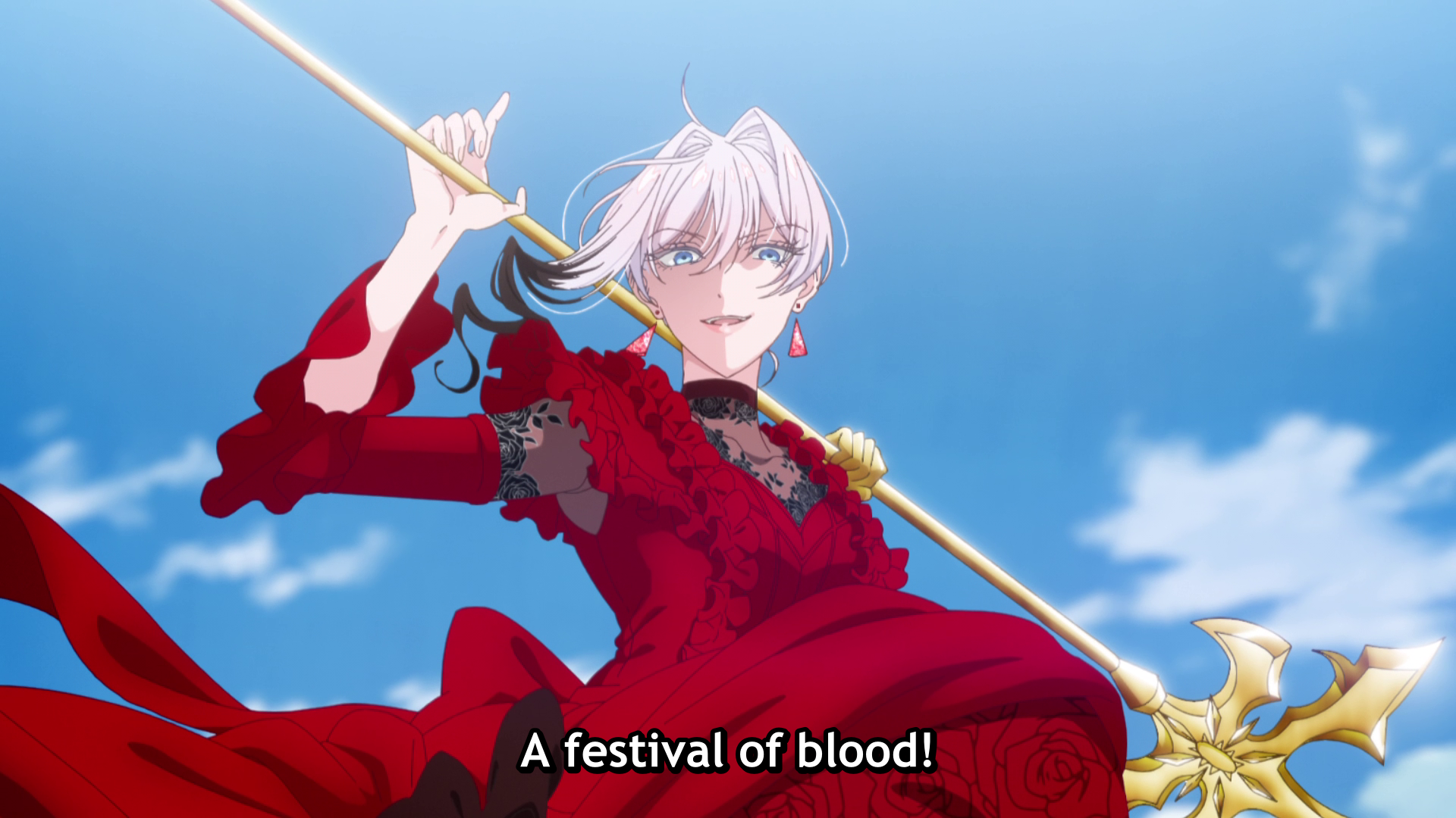 Scarlet, wearing a red , rose themed dress, holding a spear and saying "A festival of blood!"