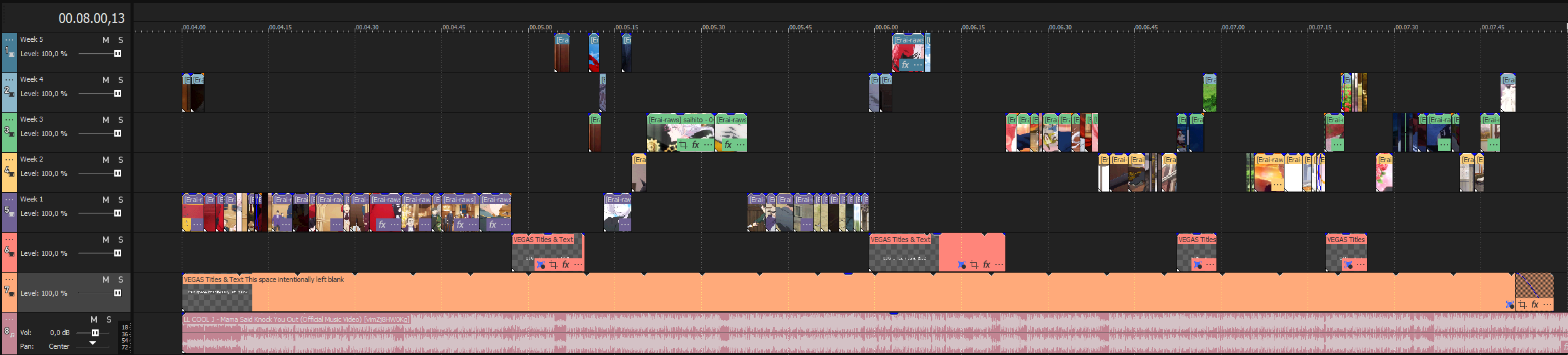 Timeline of the editing project, broken down to five tracks video tracks, one per week.