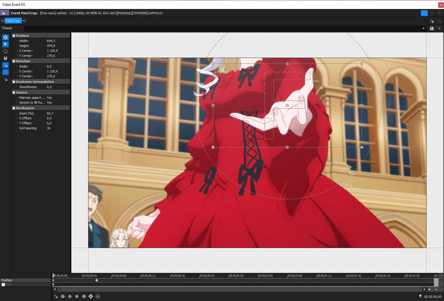 Vegas Pan/Crop editor showing a 1080p video zoomed to a 475 pixels high section