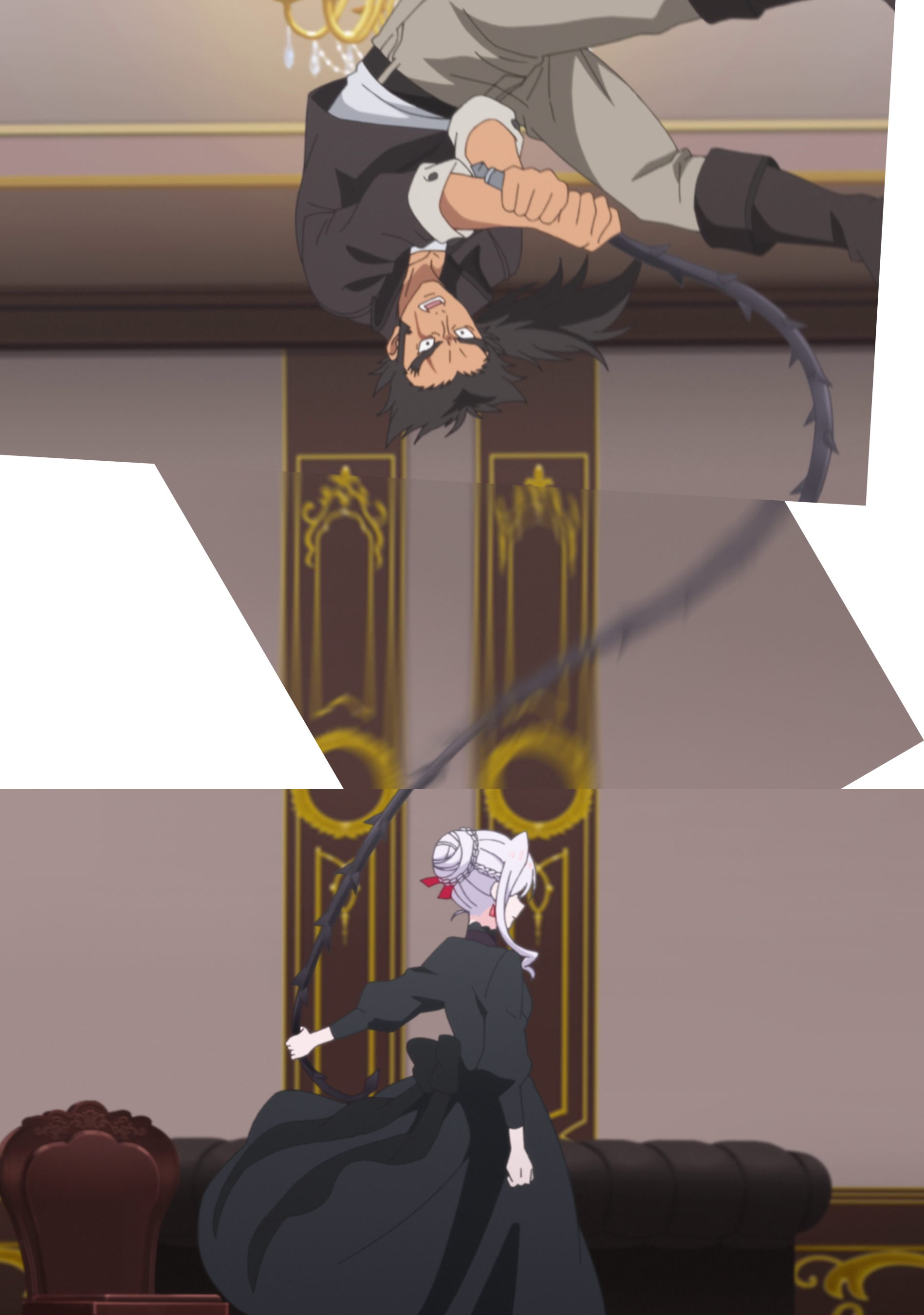 Composite shot of 3 frames from the anime, where Scarlet swing a brute around by his own whip