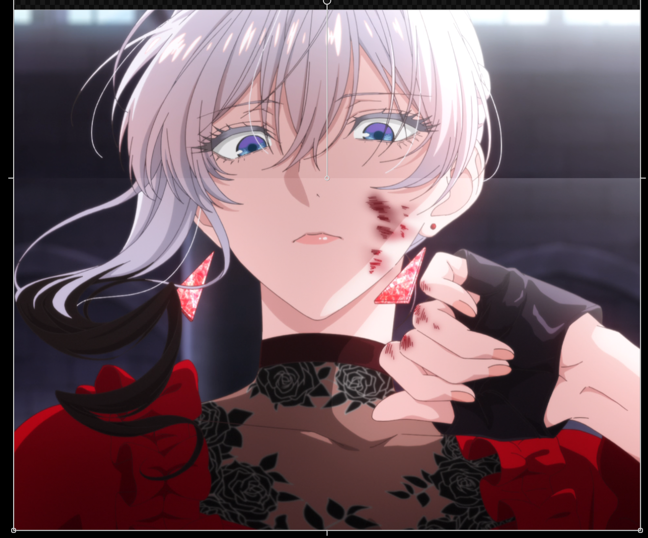 A tall frame of scarlet, wiping blood off her face, with the upper third of the frame noticably darker than the rest